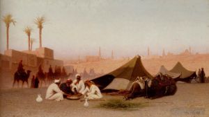 Charles-Théodore Frère œuvres - Un repas en fin d'après-midi dans un campement au Caire