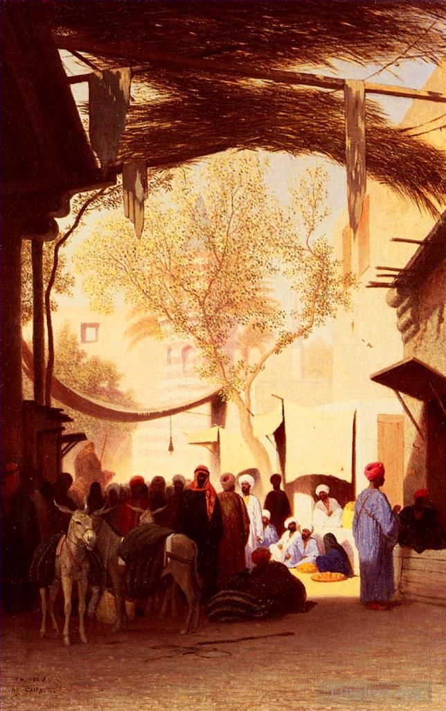 Charles-Théodore Frère Peinture à l'huile - Une place de marché au Caire