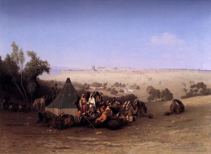 Charles-Théodore Frère Peinture à l'huile - Un campement arabe sur le mont des Oliviers avec Jérusalem au-delà