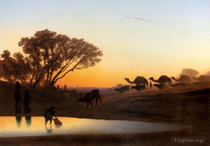 Charles-Théodore Frère Peinture à l'huile - Coucher de soleil sur le paysage du Nil Charles Théodore Frère