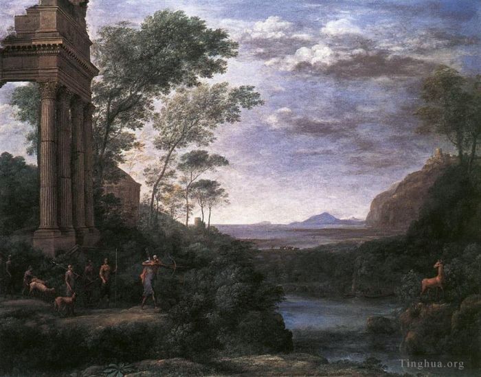 Claude Gellée Le Lorrain Peinture à l'huile - Paysage avec Ascanius tirant sur le cerf de Sylvia