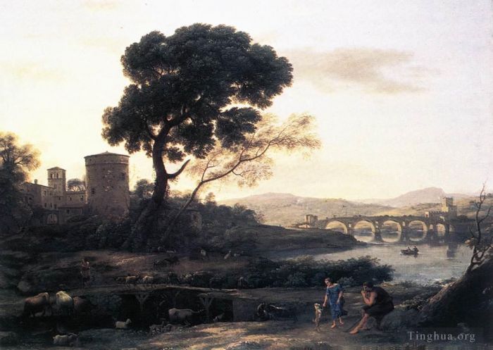 Claude Gellée Le Lorrain Peinture à l'huile - Paysage avec des bergers Le Pont Molle
