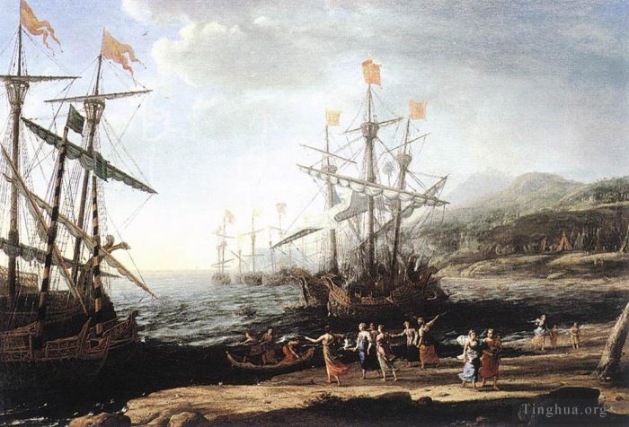 Claude Gellée Le Lorrain Peinture à l'huile - Marine avec les Troyens brûlant leurs bateaux