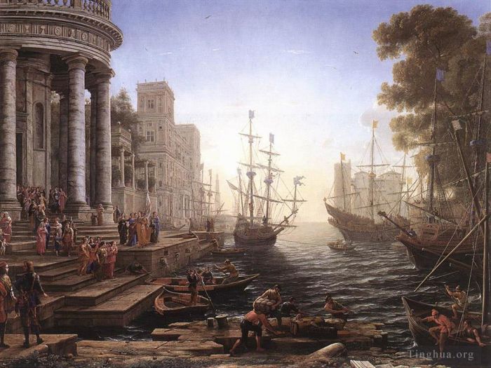 Claude Gellée Le Lorrain Peinture à l'huile - Scène portuaire avec l'embarquement de Sainte Ursule