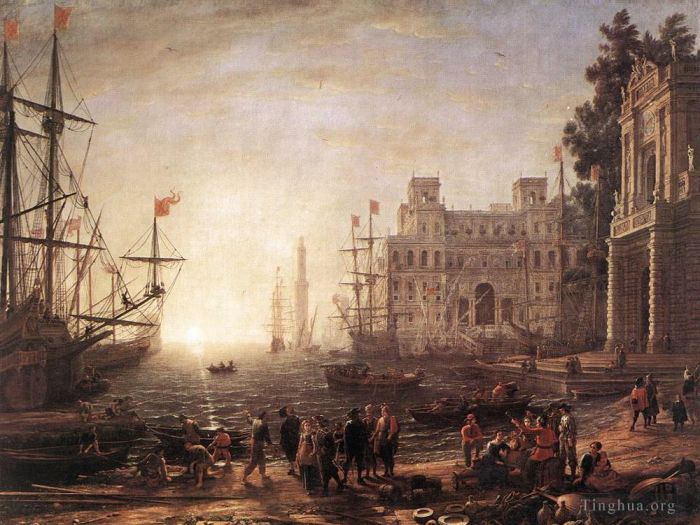Claude Gellée Le Lorrain Peinture à l'huile - Scène portuaire avec la Villa Médicis