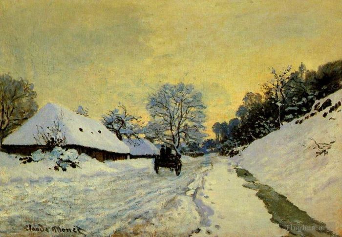 Claude Monet Peinture à l'huile - Une charrette sur la route enneigée avec la ferme Saint-Siméon
