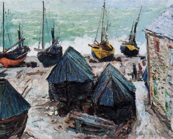 Claude Monet Peinture à l'huile - Bateaux sur la plage d'Étretat