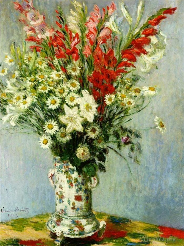 Claude Monet Peinture à l'huile - Bouquet de Lys et Dasies Gadiolas