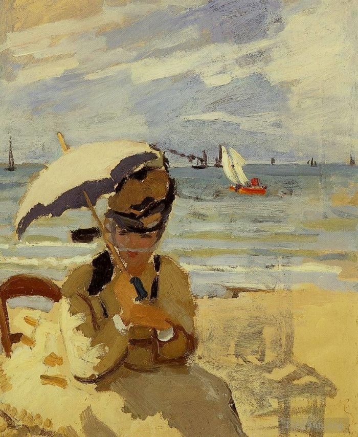 Claude Monet Peinture à l'huile - Camille assise sur la plage de Trouville