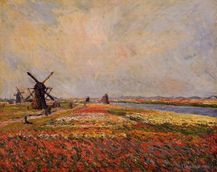 Claude Monet Peinture à l'huile - Champs de fleurs et moulins à vent près de Leiden
