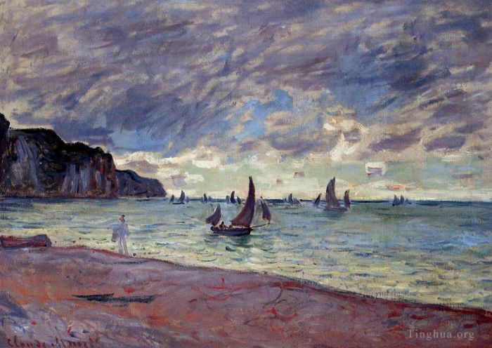 Claude Monet Peinture à l'huile - Bateaux de pêche au bord de la plage et des falaises de Pourville