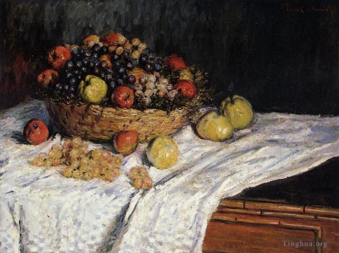 Claude Monet Peinture à l'huile - Corbeille de fruits avec pommes et raisins
