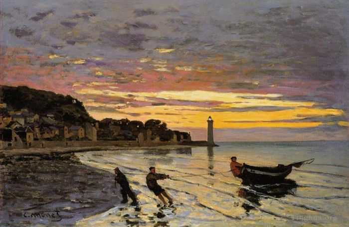 Claude Monet Peinture à l'huile - Transporter un bateau à terre à Honfleur