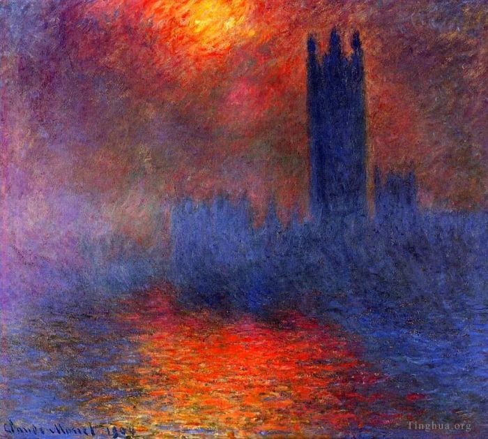 Claude Monet Peinture à l'huile - Chambres du Parlement Effet de la lumière du soleil dans le brouillard