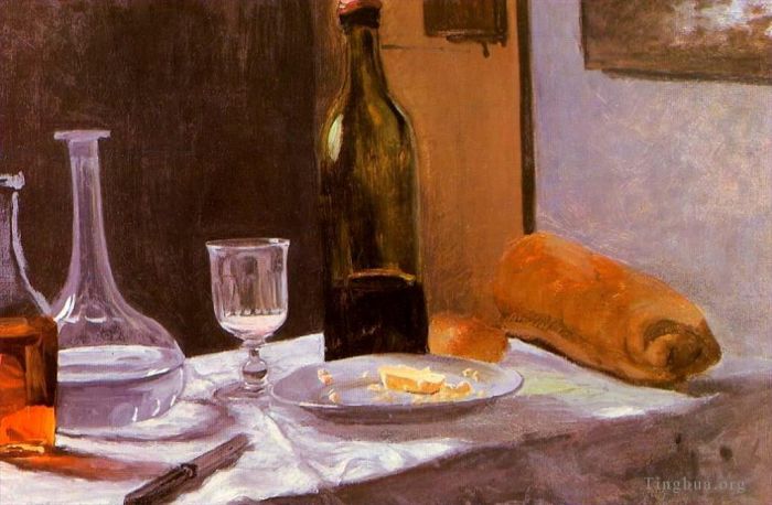 Claude Monet Peinture à l'huile - Nature morte avec bouteille carafe pain et vin