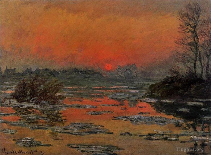 Claude Monet Peinture à l'huile - Coucher de soleil sur la Seine en hiver