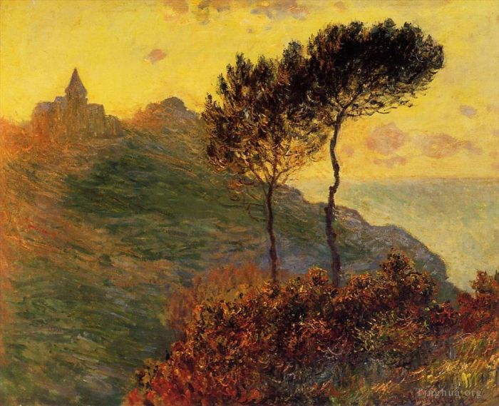 Claude Monet Peinture à l'huile - L'église de Varengeville contre le coucher du soleil