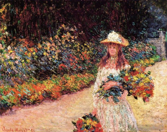 Claude Monet Peinture à l'huile - Jeune fille dans le jardin de Giverny