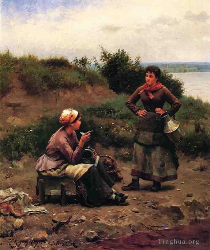 Daniel Ridgway Knight Peinture à l'huile - Une discussion entre deux jeunes dames