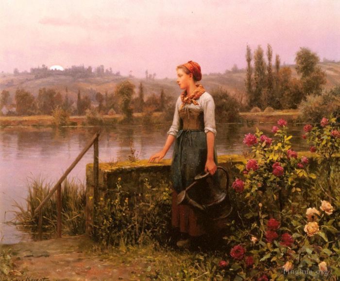 Daniel Ridgway Knight Peinture à l'huile - Une femme avec un arrosoir au bord de la rivière