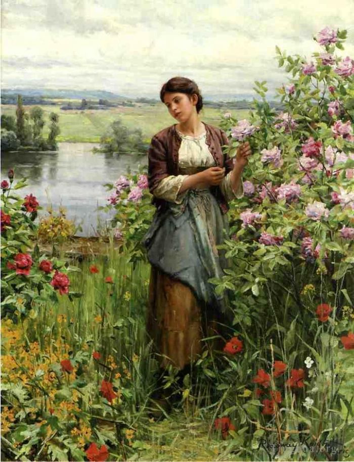 Daniel Ridgway Knight Peinture à l'huile - Julia parmi les roses