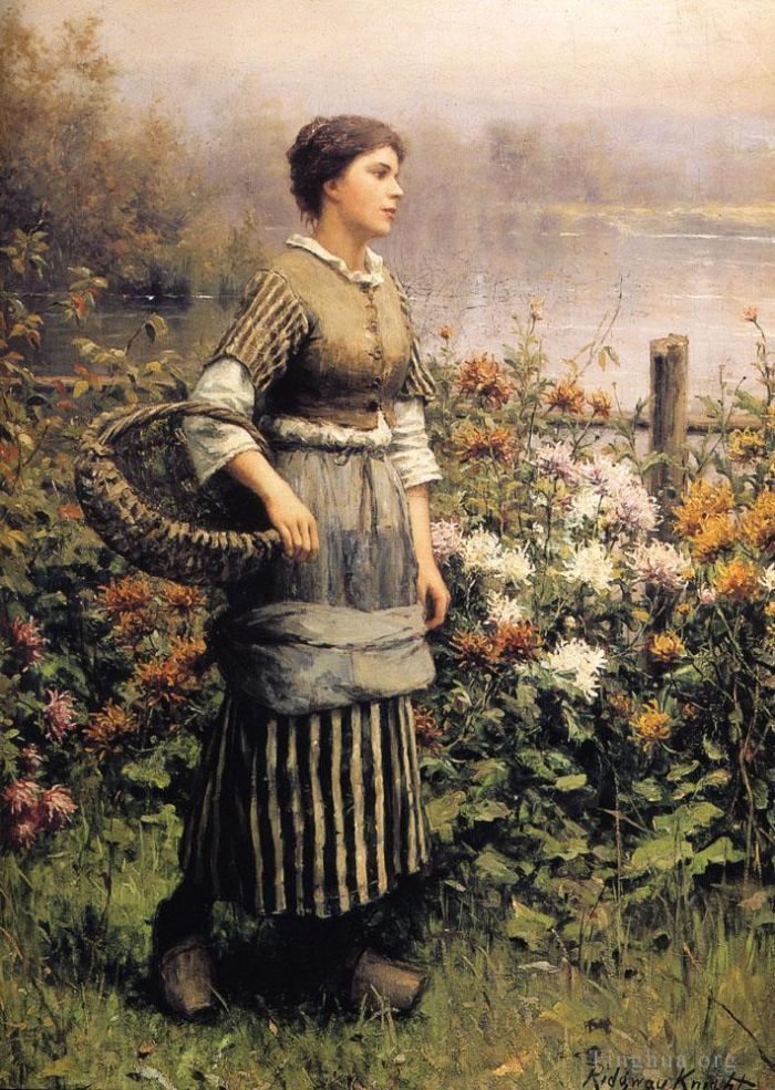Daniel Ridgway Knight Peinture à l'huile - Femme de ménage parmi les fleurs