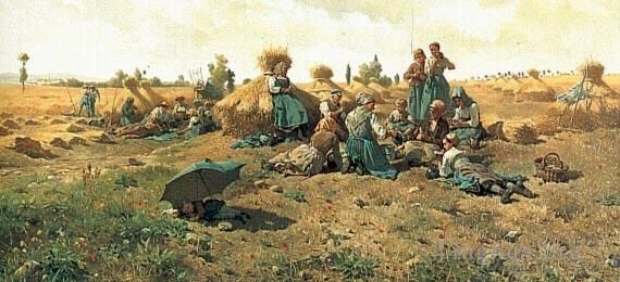 Daniel Ridgway Knight Peinture à l'huile - Paysans déjeunant dans un champ