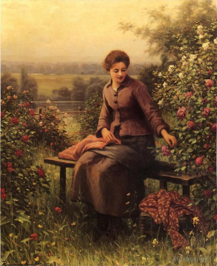 Daniel Ridgway Knight Peinture à l'huile - Fille assise avec des fleurs