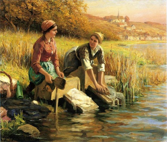 Daniel Ridgway Knight Peinture à l'huile - Femmes lavant des vêtements près d’un ruisseau