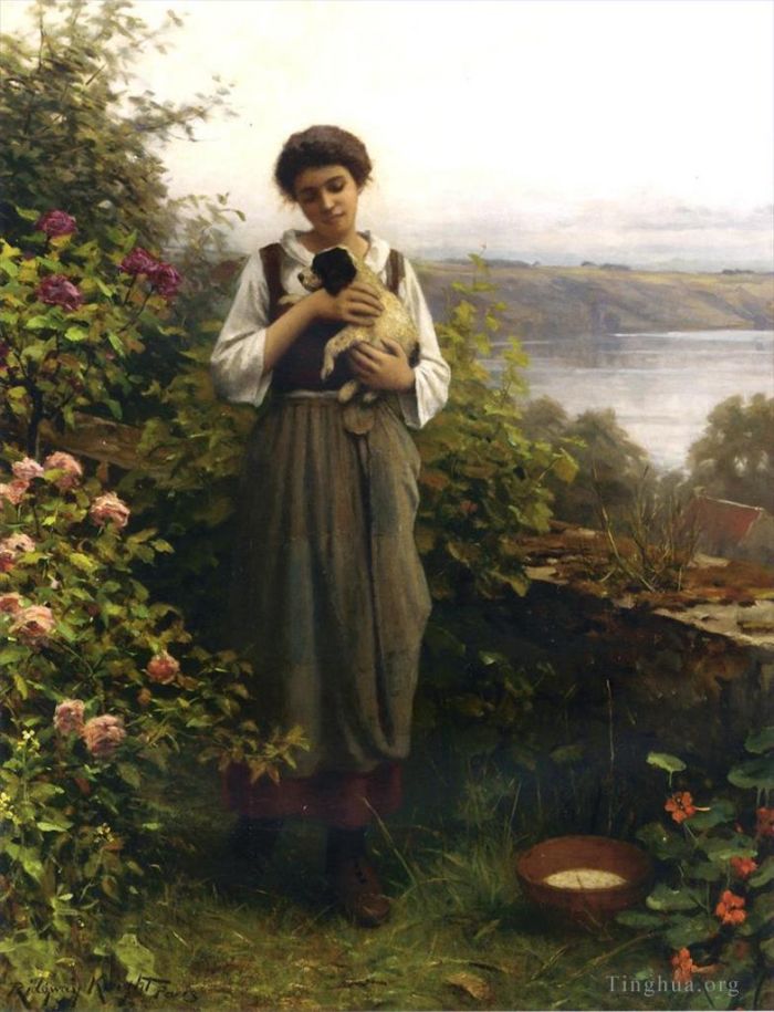 Daniel Ridgway Knight Peinture à l'huile - Jeune fille tenant un chiot