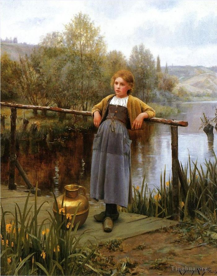 Daniel Ridgway Knight Peinture à l'huile - Jeune fille au bord d'un ruisseau