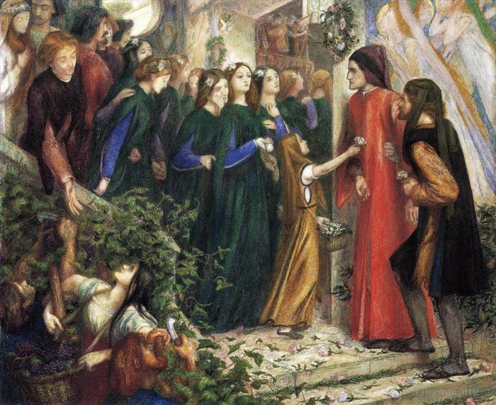 Dante Gabriel Rossetti Peinture à l'huile - Béatrice rencontre Dante lors d'un festin de mariage et lui refuse sa salutation