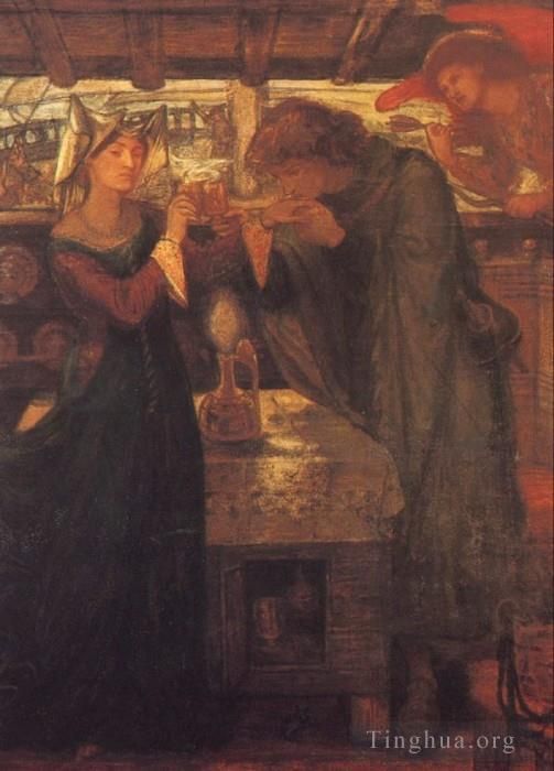 Dante Gabriel Rossetti Peinture à l'huile - Tristram et Isolde boivent le potion d'amour