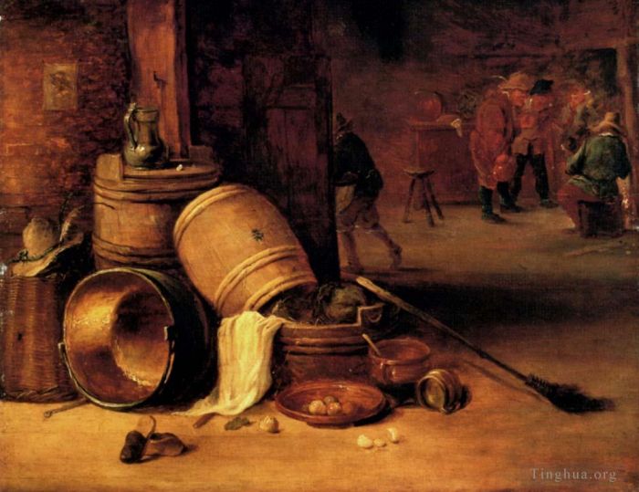 David Teniers the Younger Peinture à l'huile - Une scène d'intérieur avec des pots, des tonneaux, des paniers d'oignons et de choux