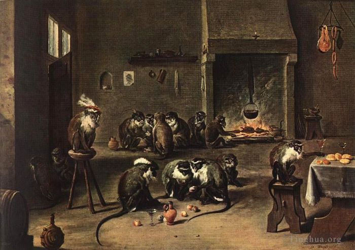 David Teniers the Younger Peinture à l'huile - Les singes dans la cuisine