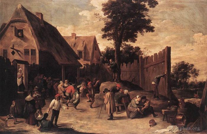David Teniers the Younger Peinture à l'huile - Paysans dansant devant une auberge