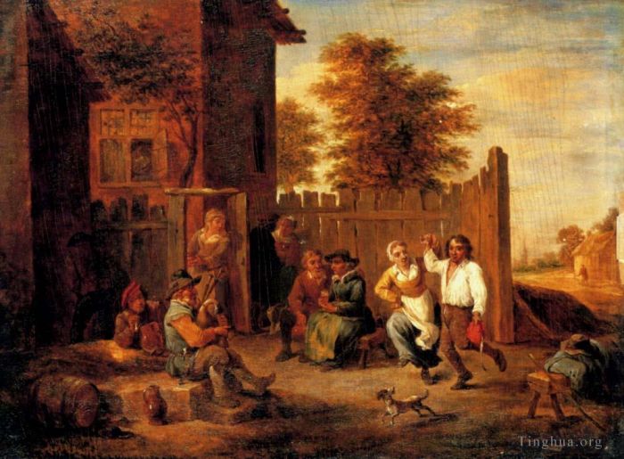 David Teniers the Younger Peinture à l'huile - Paysans se réjouissant devant une auberge