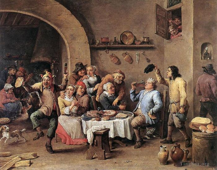 David Teniers the Younger Peinture à l'huile - Douzième nuit, le roi boit