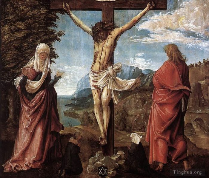 Denis van Alsloot Peinture à l'huile - Christ en croix entre Marie et saint Jean