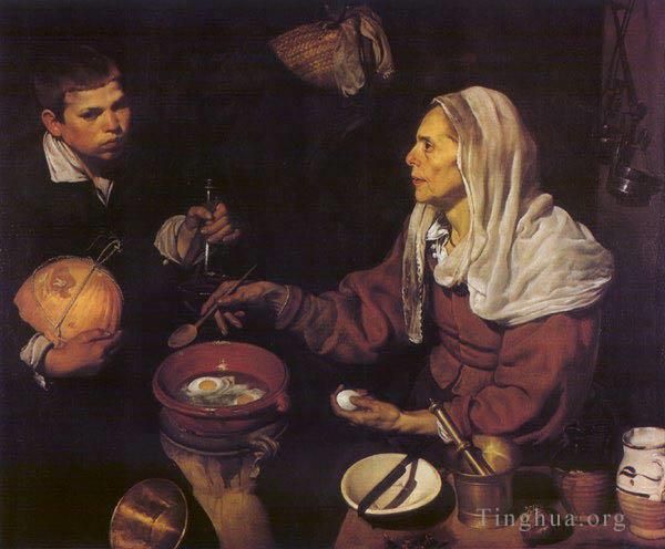 Diego Vélasquez Peinture à l'huile - Vieille femme braconnant des œufs