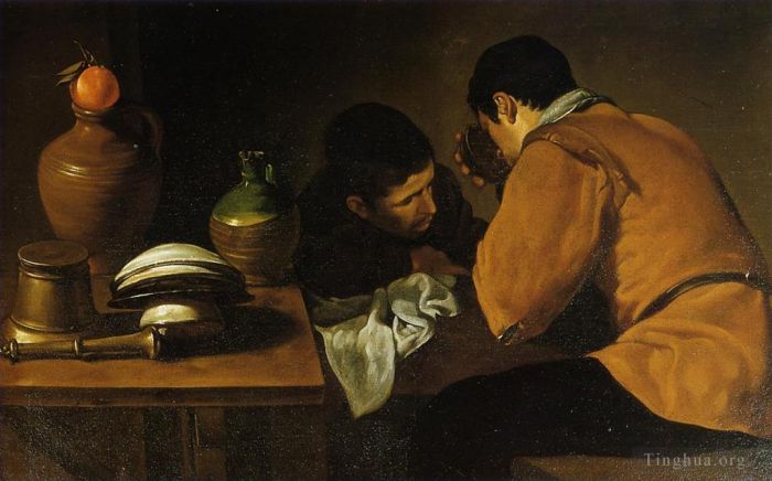 Diego Vélasquez Peinture à l'huile - Deux jeunes hommes à une table