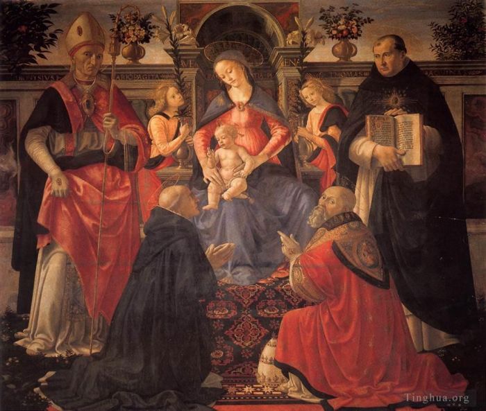 Domenico Ghirlandaio Peinture à l'huile - Vierge à l'Enfant trônant entre anges et saints