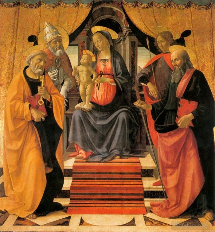 Domenico Ghirlandaio Peinture à l'huile - Vierge à l'Enfant trônant avec des saints