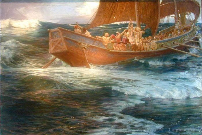 Herbert James Draper Peinture à l'huile - Colère du dieu de la mer dt3