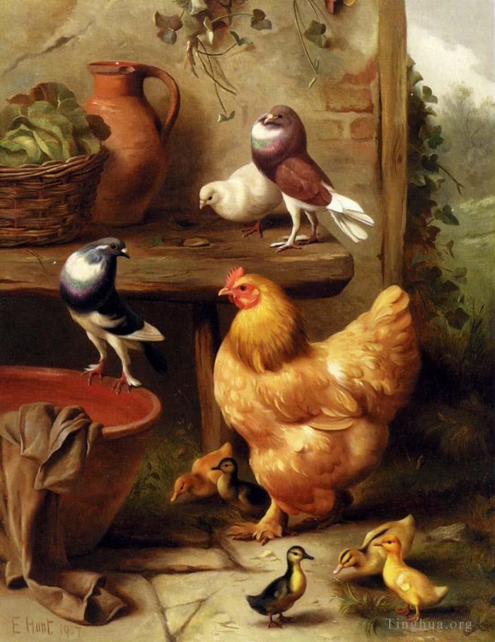 Edgar Hunt Peinture à l'huile - Un poulet colombes, pigeons et canetons
