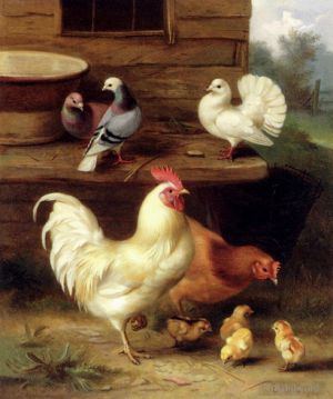 Edgar Hunt œuvres - Une poule coq et des poussins avec des pigeons
