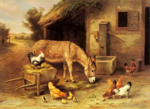 Edgar Hunt œuvres - Un âne et des poules devant une écurie