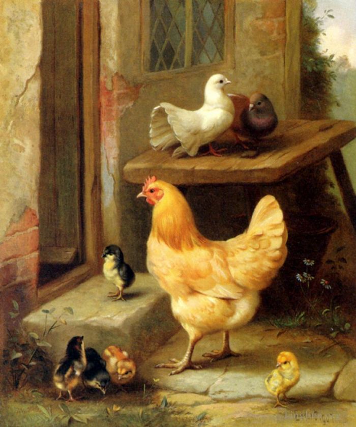 Edgar Hunt Peinture à l'huile - Une poule, des poussins et des pigeons