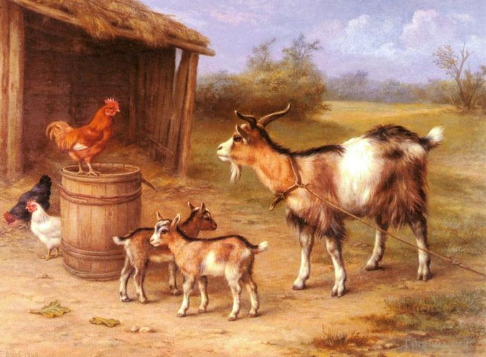 Edgar Hunt Peinture à l'huile - Une scène de basse-cour avec des chèvres et des poules