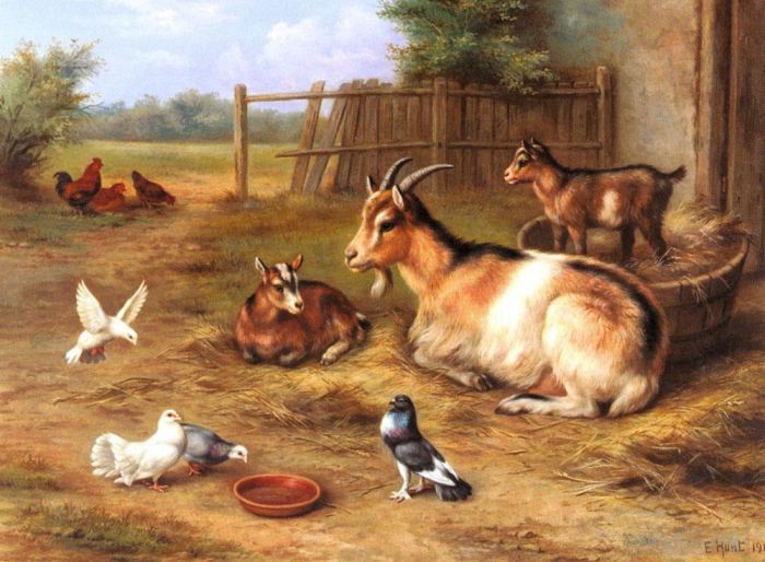 Edgar Hunt Peinture à l'huile - Une scène de basse-cour avec des chèvres, des poulets et des colombes